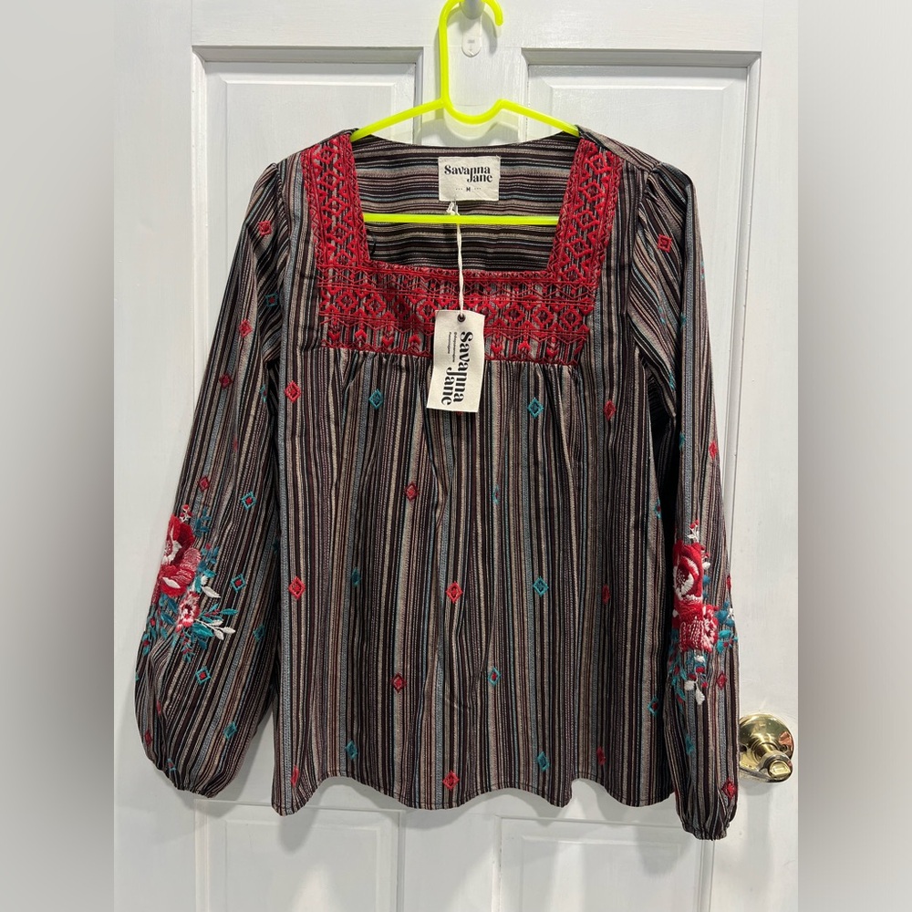 Savanna Jane NWT Western Boho Striped Embroidered Peasant Top Brown Red SIZE MED